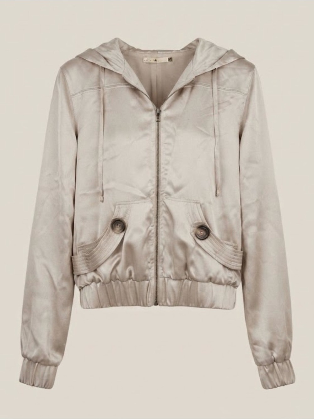 Mike & Chris Satin Hooded Bomber Jacket in Light Taupe